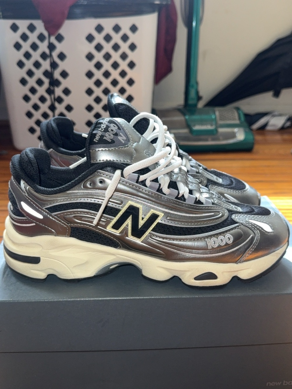 New Balance Men's Metallic Silver and Black 1000 Sneakers